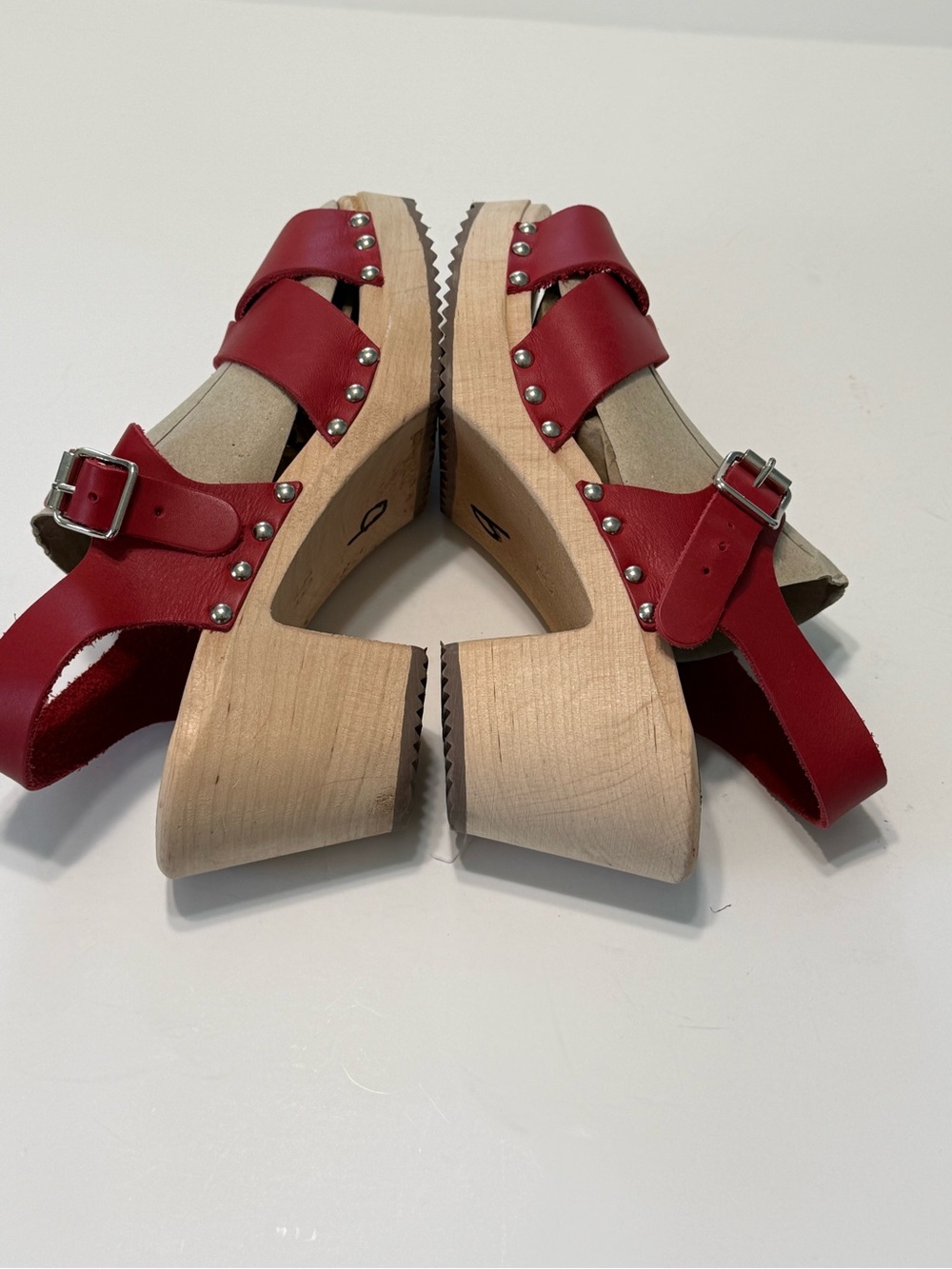 Mia Gertrude Red Leather Swedish Wooden Clog Sandals Open Toe Ankle Strap Sz 39 - Picture 6 of 16